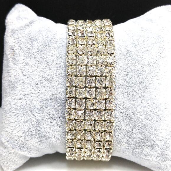Clear Rhinestone Silver Tone Stretch Metal Bracelet, Wedding, 7 Inches - Picture 5 of 8
